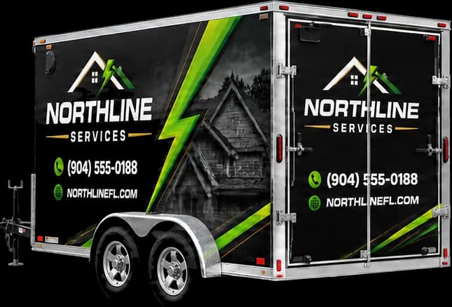 Trailer with a full wrap, angled view showing side and rear