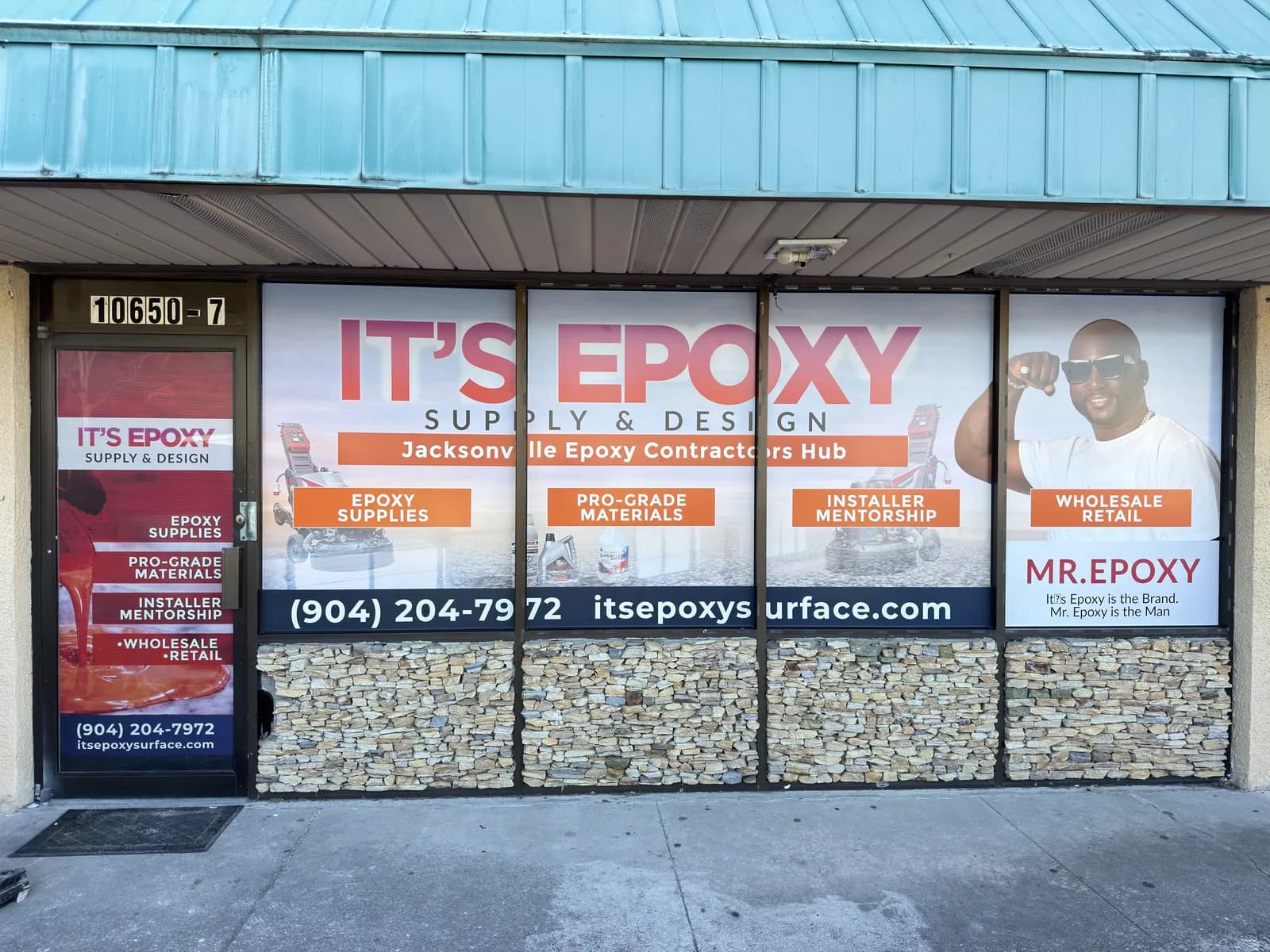 Storefront windows with printed graphics for an epoxy flooring company