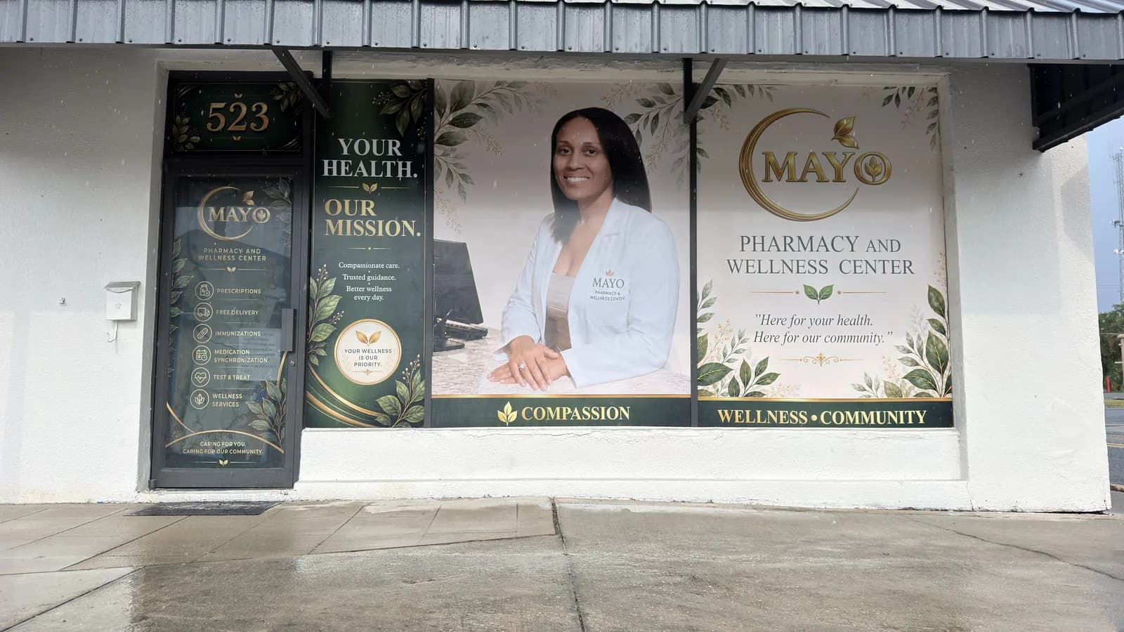 Pharmacy and wellness centre windows with printed graphics