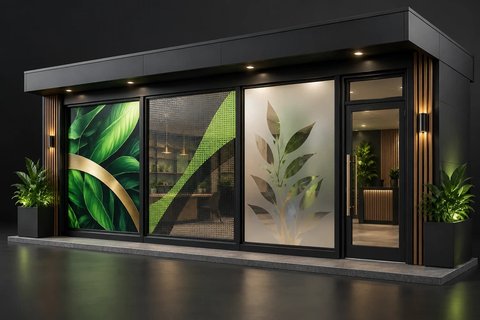 Storefront showing the four window film options side by side: full-colour print, perforated film, frosted privacy and clear glass